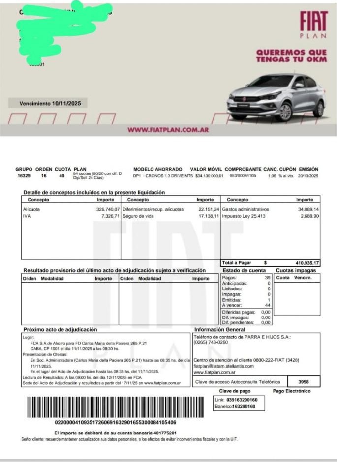 Fiat Plan 84 Cuotas 80/20 44 Cuotas Pagas. Está Al Día