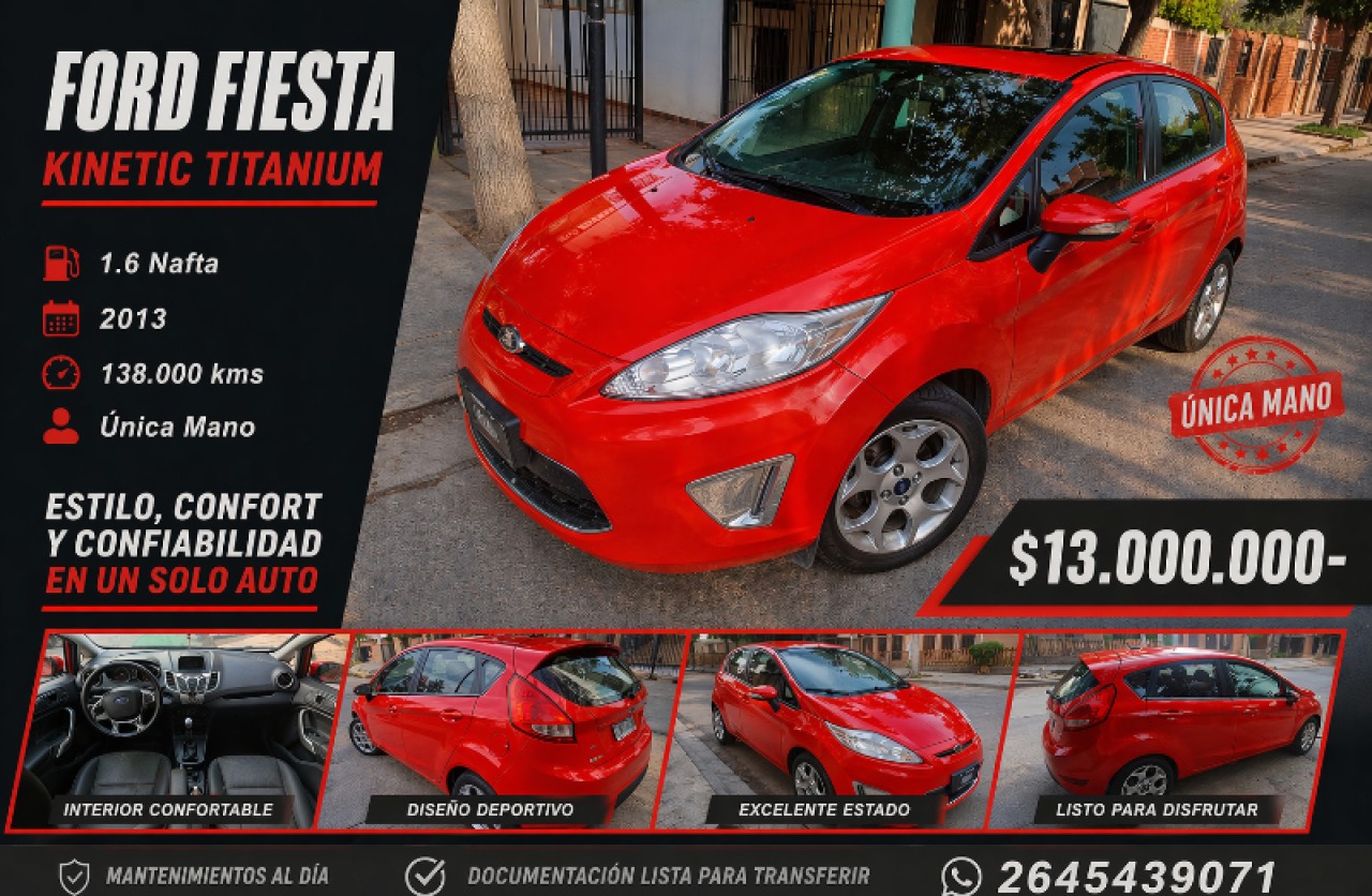 🔮 Ford Fiesta Kinetic Titanium 1.6 Nafta (2013) - Única Mano ‼️
