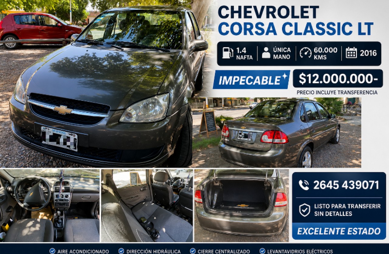 🔰 Chevrolet Corsa Classic Lt 1.4 Nafta (2016) - Única Mano - 60.000 ‼️
