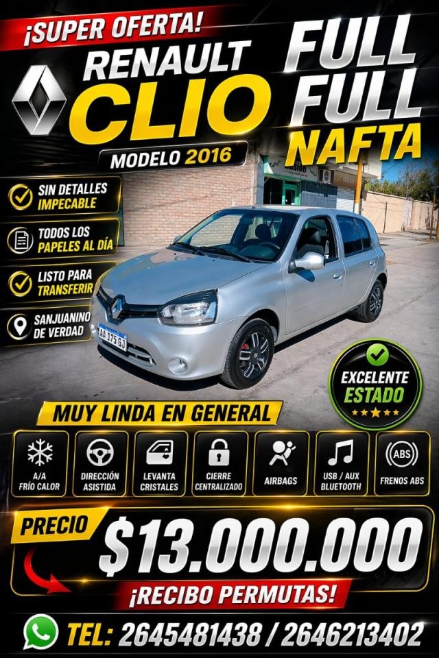 Renault Clio Año 2016 Nafta Full Full Listo Para Transferir Rto Vigente Cubiertas Nuevas Pocos Km