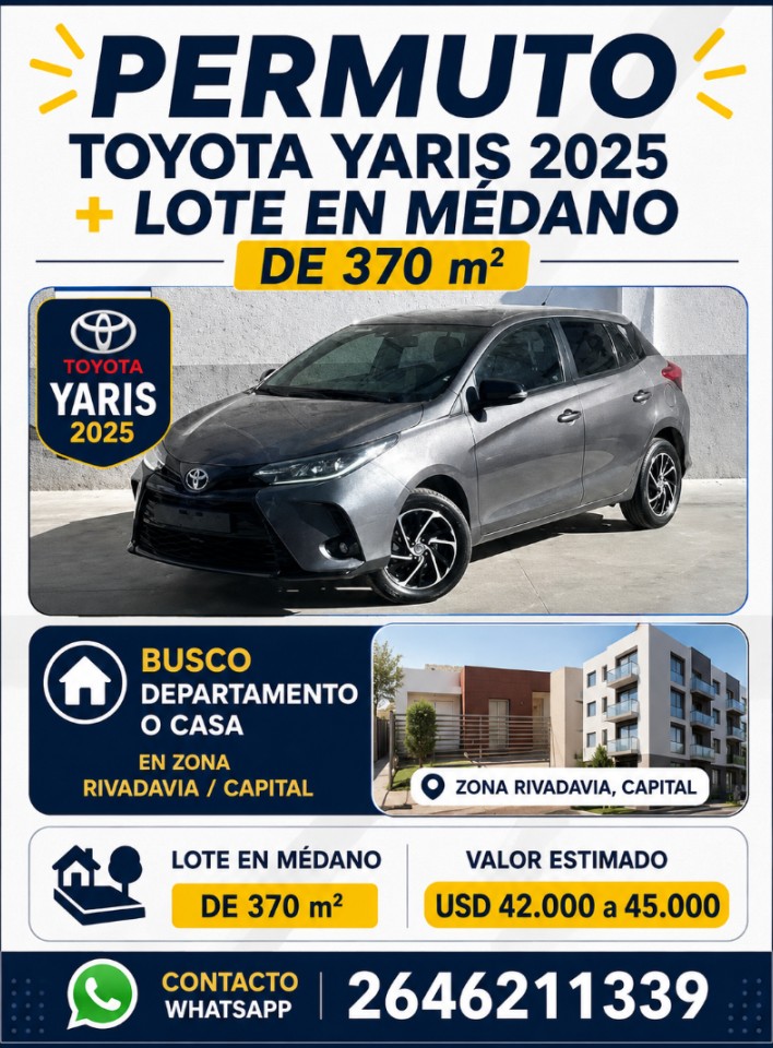Toyota Yaris 2025 Permuto X Lote Medano De 370 M2 Por Dpto O Casa Zona Rivadavia, Capital, Cuyo Valor Sea De Usd 45m