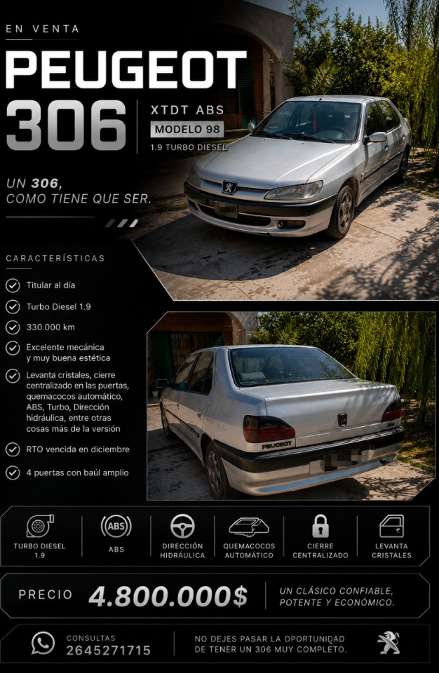 Peugeot 306 Xtdt Abs 1.9 Modelo 98 (titular Al Día Y No Paga Patente)