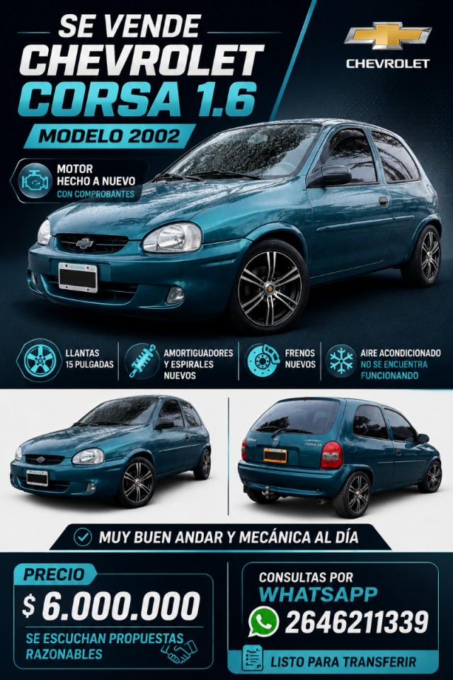 Chevrolet Corsa 1.6, Modelo 2002,  Motor Hecho A Nuevo ( Con Comprobantes), Llantas 15 Pulgadas, Amortiguadores