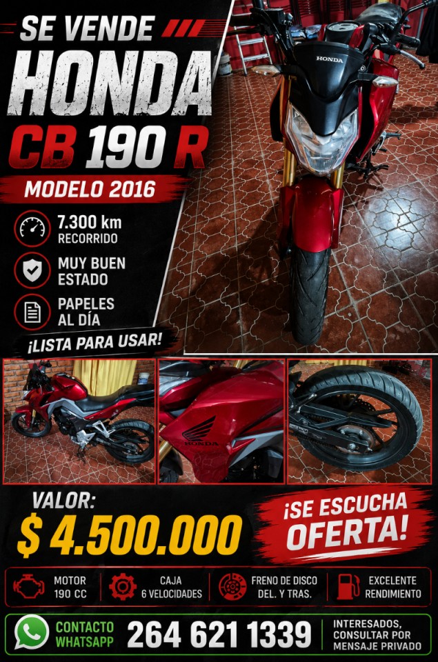 Honda, Modelo Cb 190 R - Modelo 2016, 7.300km, Valor $ 4.500.000. Se Escucha Oferta