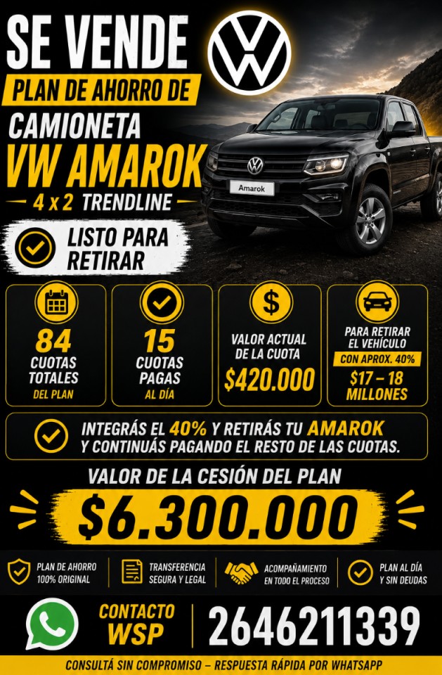 Plan De Camioneta Vw Amarok 4 × 2 Trendline, Plan De 84 Cuotas, Lleva Pagadas 15 Cuotas.