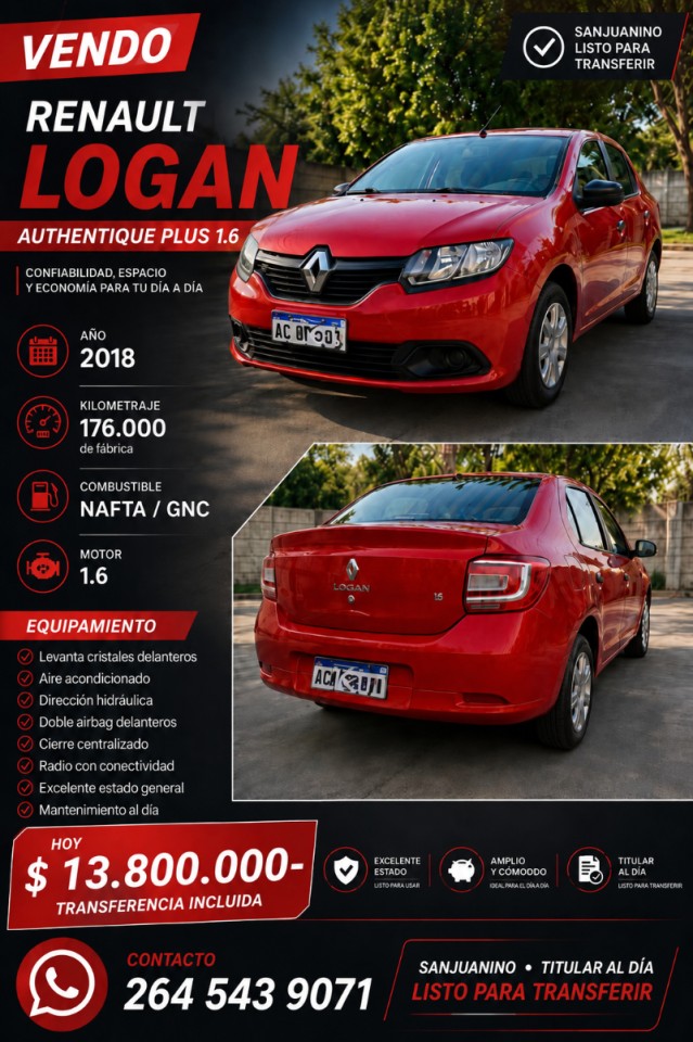 Hoy 🔮 Renault Logan Authentique Plus 1.6 Nafta Gnc (2018) ‼️