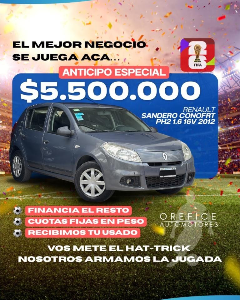Renault Sandero Confort 1.6 16v / 2012 - 125mil Km - Anticipo $5.500.000 Y Cuotas Fijas En Pesos 🔥